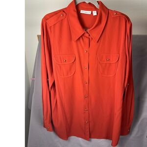 Susan Graver Women Burnt Orange Utility Button Down Roll Tab Sleeve Shirt XL
